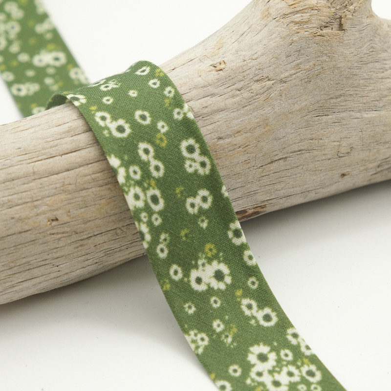 25mm Printed Bias Tape, Pâquerette Bela, Dark Green - Maison Klem